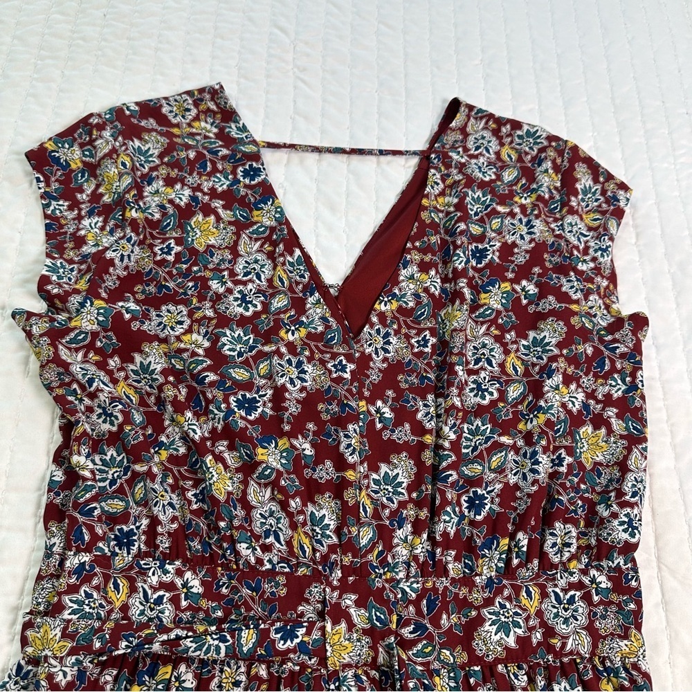 DR2 Floral Dress Doble V-Neck Tie Waist Cap Sleeve With Pockets and Side Zipper - Picture 15 of 16